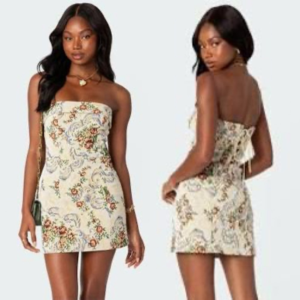 Edikted Strapless Floral Tapestry Strapless Mini Dress XS Extra Small